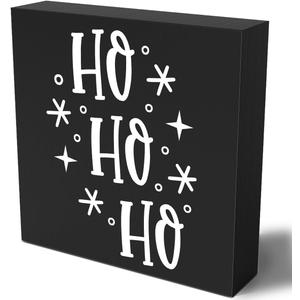 Funny Christmas Wooden Box Sign Plaque Ho Ho Ho Snowflake Black Wood Box Sign Rustic Art Home Shelf Desk Decor 5 x 5 x 1 Inches