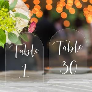 JOYIT Arch Wedding Table Numbers 1-30 with Stands 5" X 7" Acrylic Table Signs with Clear Background White Text, Perfect Acrylic Table Numbers for Wedding Receptions, Parties, Anniversaries, and Events