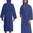 Mens Hooded Bathrobe, 100% Cotton Terry Bathrobe, Spa Style Bath Robe, Absorbent Shower Robe, Lightweight Towel Bathrobes (Blue)