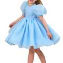 LalaMira Flower Girl Dress Organza Toddler Dresses Puff Sleeve & Bow Bcak Girls Princess Dress for Wedding Birthday Party Blue-12M