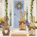 3 Pcs Outdoor Easter Decorations for Porch Large Wooden Easter Bunny Porch Sign Rustic Polka Dot Bunny with Bow Spring Party Decor for Front Door Yard Garden, 23.6 Inch