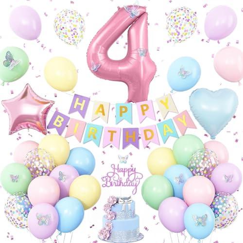4th Pastel Birthday Party Decorations for Girls Number 4 Balloon Happy Birthday Banner Butterfly Stickers Star Heart Foil Balloons for 4 Year Old Easter Party Decor
