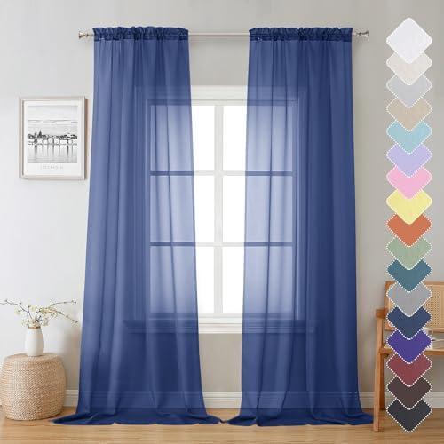 Lecloud Royal Blue Sheer Curtains 96 Inches Long 2 Panels, Farmhouse Voile Sheer Curtain for Windows, Soft Rod Pocket Transparent Curtains for Living Room Large Windows, Each Panel 42 X 96 Inch