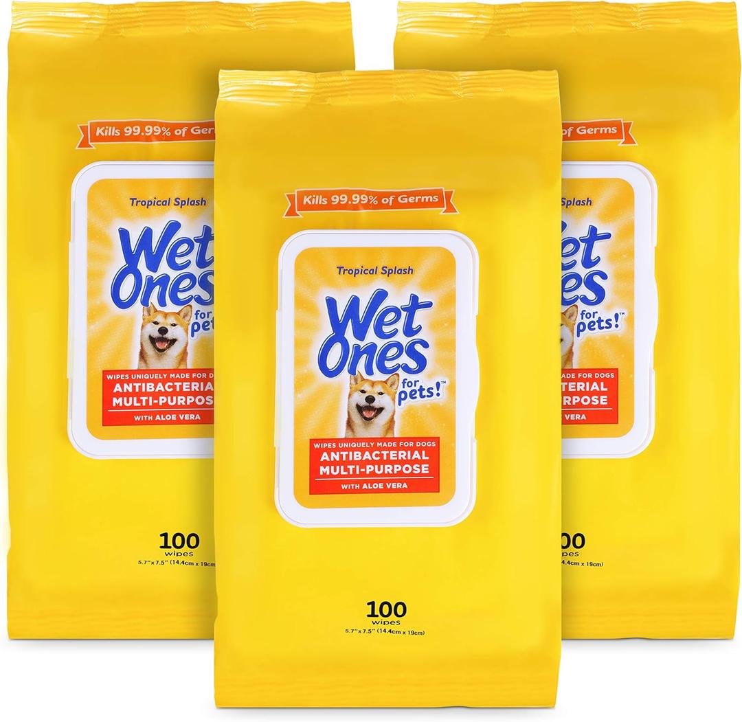 Wet Ones Multi Purpose Pets Wipes for Dogs, with Aloe Vera, Antibacterial, Kills Germs, Tropical Splash Scent, Pack of 3, 100 Count Pouches, 300 Wipes Total