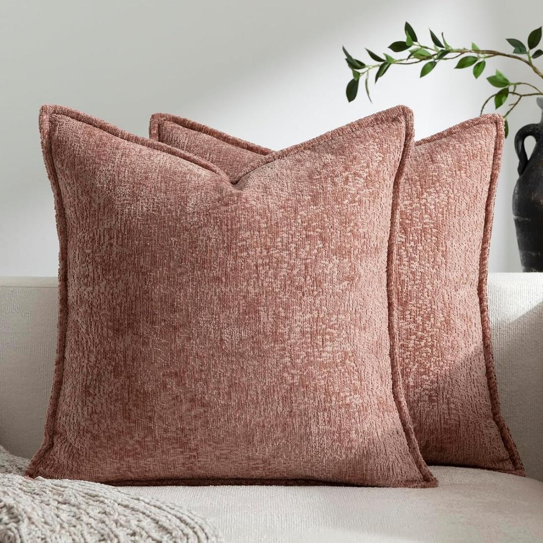 DEZENE Pack of 2 Dusty Pink Euro Shams Pillow Covers 26x26 Cozy Soft Chenille Decorative Throw Pillow Covers Accent Vintage Square Couch Pillow Covers for Home Decor Bed Sofa Living Room