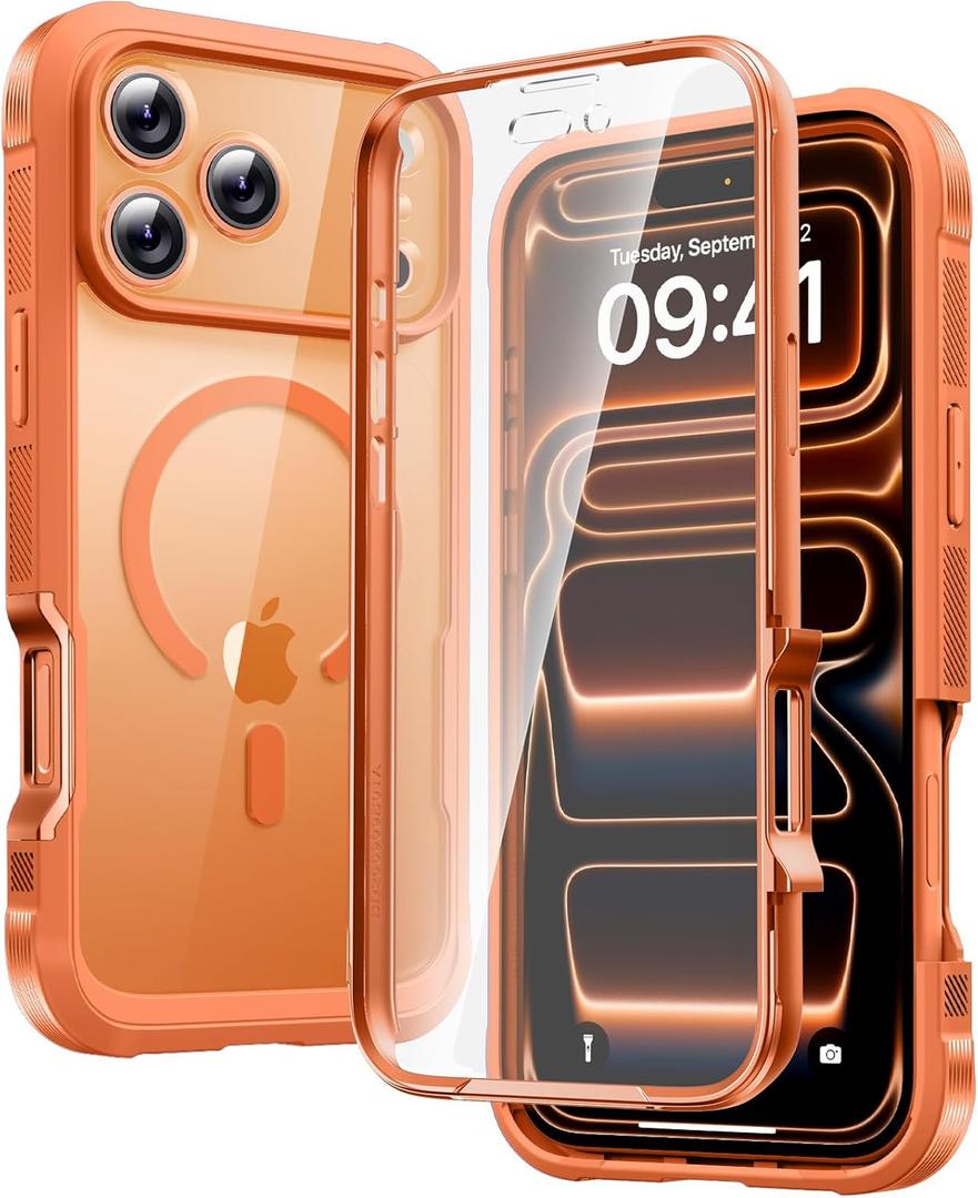 Diaclara Magnetic Designed for iPhone 17 Pro Max Case Full Body Bumper[Compatible with MagSafe] Military Drop Proof Cover with Built-in Touch Sensitive Anti-Scratch Screen Protector, Orange