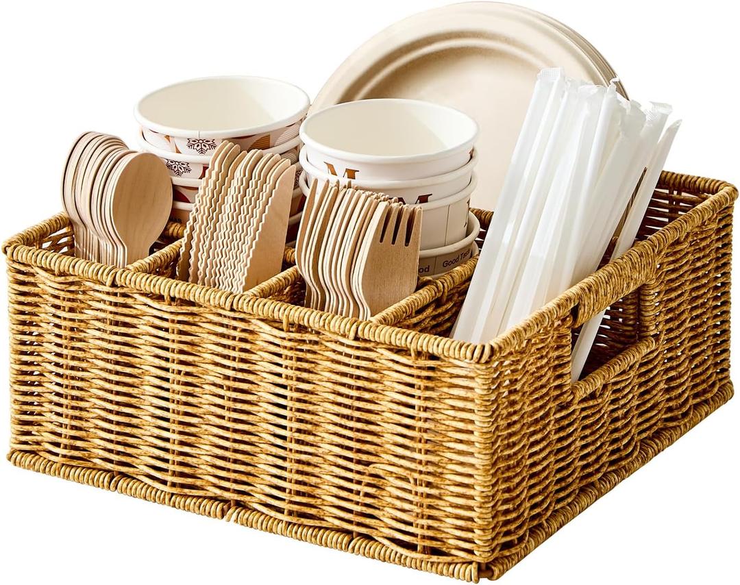 Berdeng Utensil Holder for Party, Paper Plate Dispenser for Countertop, Silverware Caddy for Picnic, Cutlery Holder for Kitchen Camping Buffet, Wicker Basket with 6 Compartments