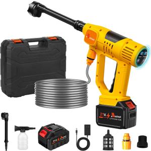 2025 Upgrade Cordless Pressure Washer, 900PSI Battery Powered Pressure Washer with 6-in-1 Nozzle, 10 Speed Adjustment, Remaining Battery Display, Portable Power Washer for Car/Garden/Floor/Yards (Yellow)