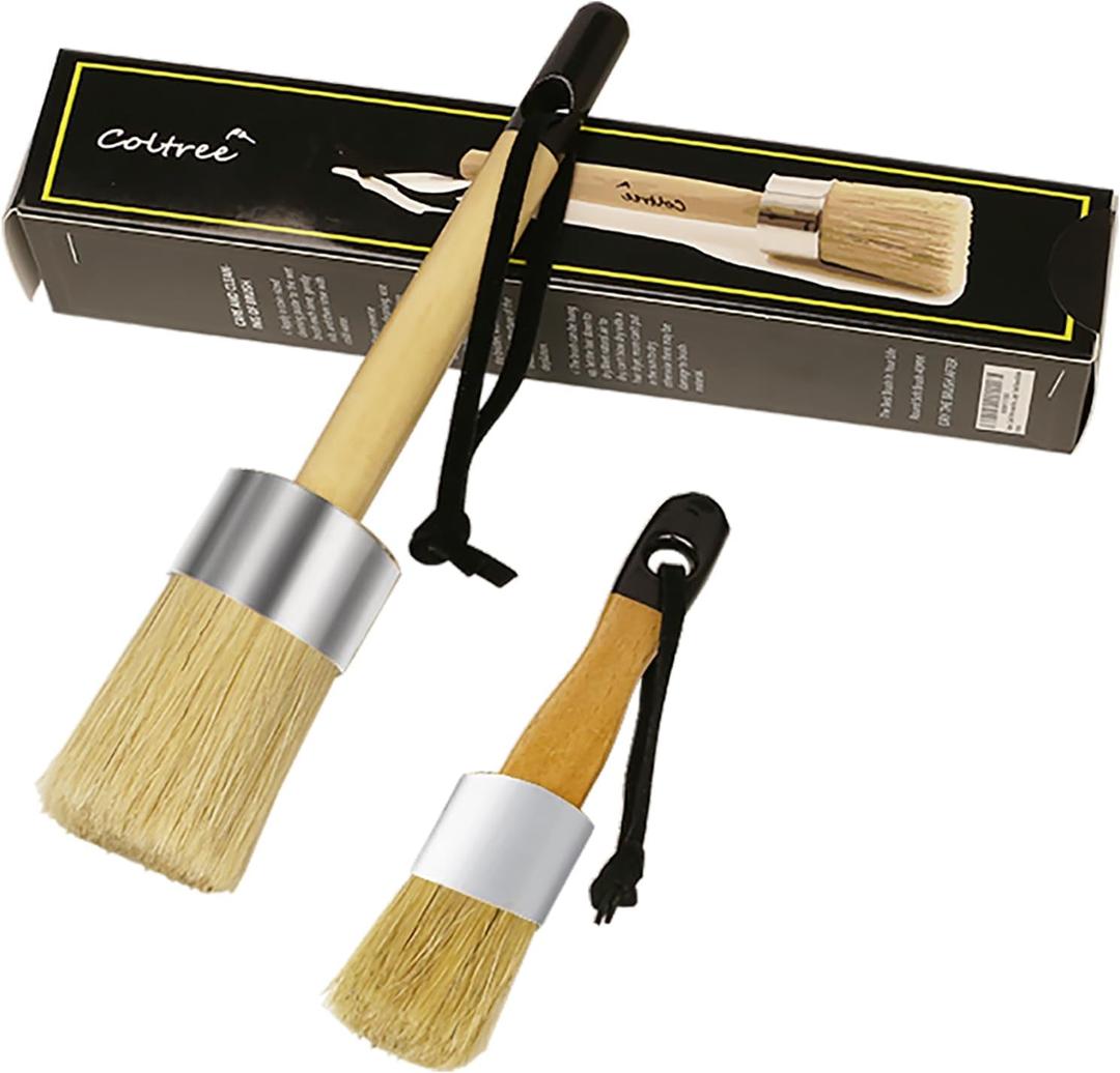 Chalk Paint Brushes for Furniture, 2 Pcs Boar Hair Bristles Round/Flat Wax Paint Brushes, Suitable for Chalk Paint and Wax