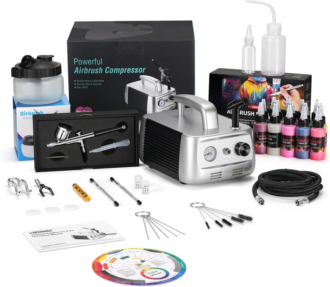CrestWave Airbrush Kit with Air Compressor with 12 Paints & Cleaning Pot | 1/6 HP Quiet Air Compressor, Dual-Action Airbrush 0.3/0.4/0.5mm Tips, Full Guide, All-in-One Package for Model Painting & DIY