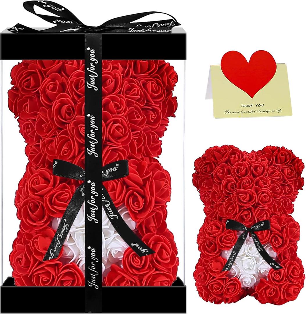 Double Couple Gift for Mom Women-Rose Cute Bear - Rose Adorable Teddy Artificial Bear - Best Gift for Valentines Day, Mothers Day, Anniversary, Birthdays - Clear Gift Box Included! 10 Inches Tall (Red)