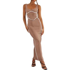 BTFBM Women Bodycon Maxi Dress Square Neck Sleeveless Contrast Binding Slit Cocktail Formal Wedding Guest Dresses 2025 (Beige, L)