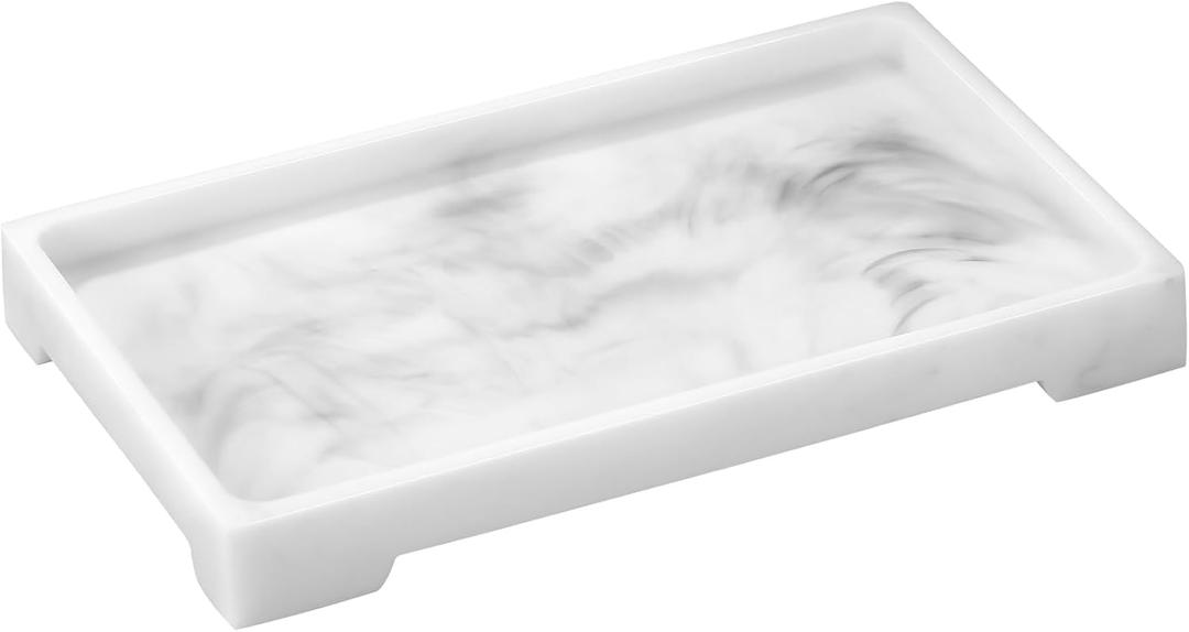 Luxspire Resin Vanity Tray, Bathroom Toilet Tank Storage Tray, 9.6 x 6 inch Kitchen Sink Trays Decorative Serving Tray, Vanity Countertop Organizer for Makeup Towel Perfume Holder, M, White Marble (B - White Marble)