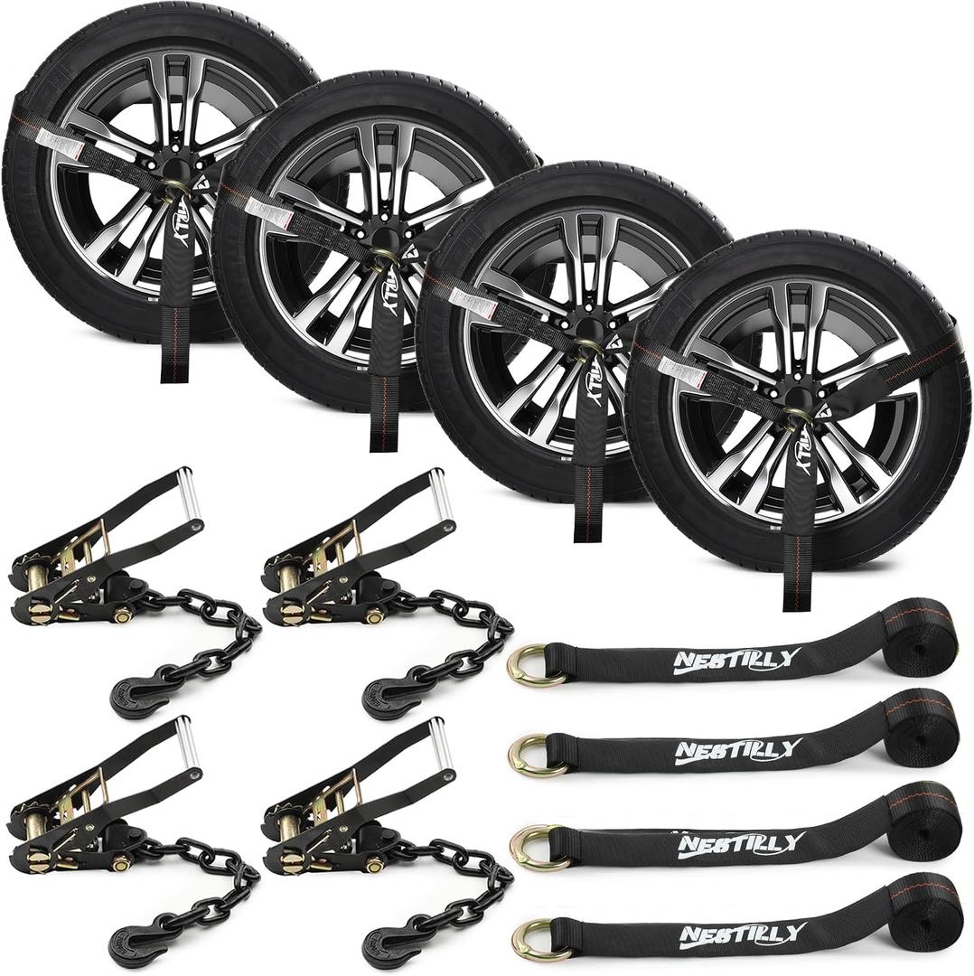 4 Pack Wheel Tie Down Straps with J-Hook, 2" x 96"-9900LBS Break Strengt, Tire Straps with Chain Anchors,Heavy Duty Lasso Style Car Hauler Straps for Trailer,Hauling UTV, SUV, Truck, Black