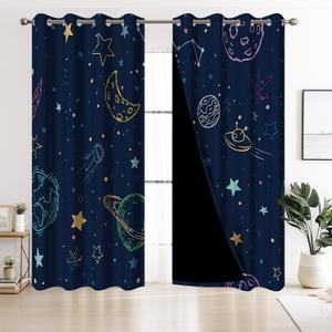Drawing Universe Blackout Curtains, Starry Sky Planet Moon Window Drapes for Boys Bedroom Decor, Cartoon Curtain Panel with Thermal Insulated Grommet,2 Panels,Each W21 xL63