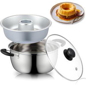 LemonRoad 2.7 Qt Thicken Stainless Steel Double Boiler with Aluminum Flan Inner Mold and Glass Lid for Making Ring Cake, Pudding, Melting Chocolate, Custards Baking Supplies (Silver)