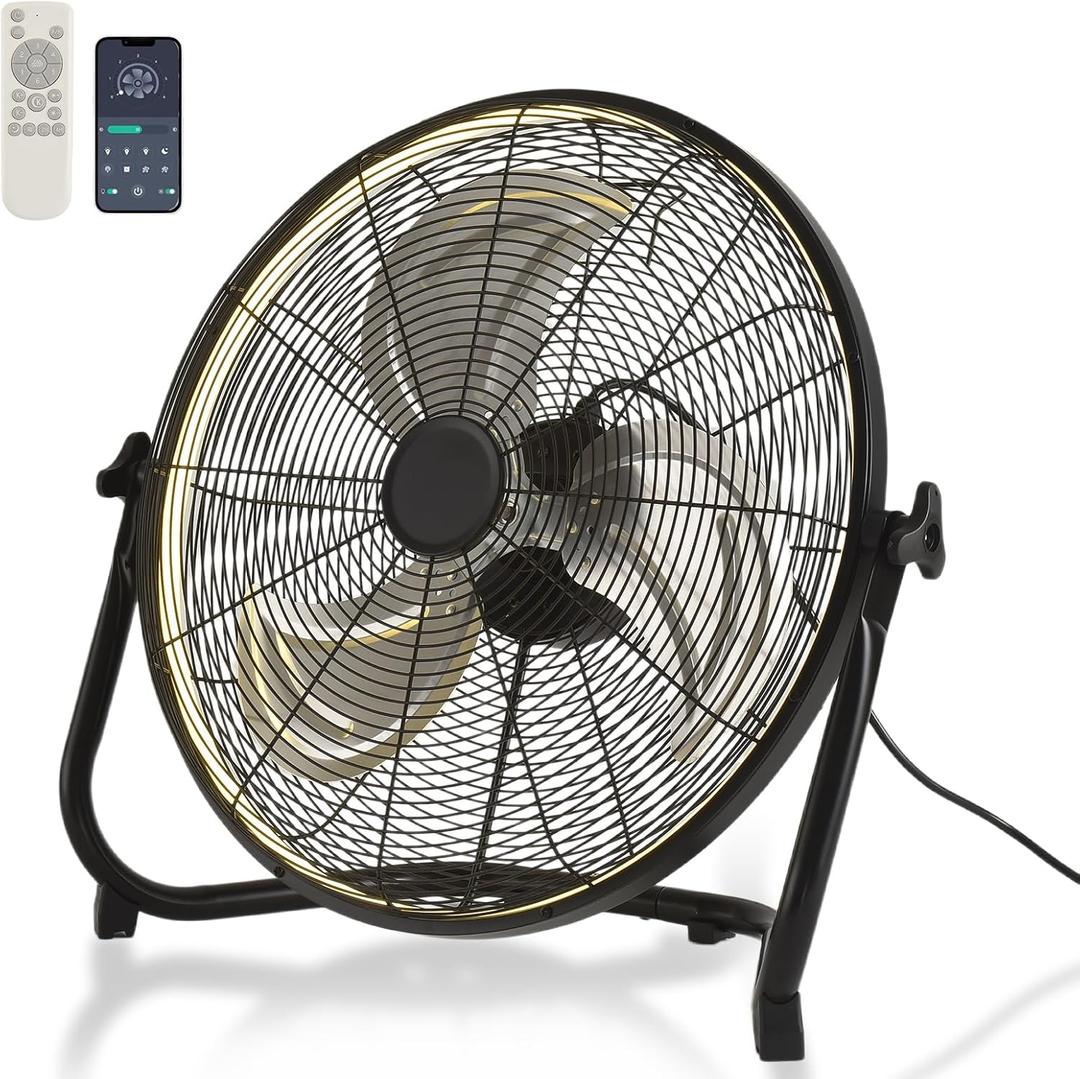 AHAWILL 20" High Velocity Metal Floor Fan with Light,6-Speed Plug-in Fan with Remote & APP,Industrial Fan with Rear Buttons,360 Tilt & 3CCT,Wall Mountable,Anti-Vibration for Garage,Warehouse,Shop,Gym
