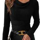 PRETTYGARDEN Women's Long Sleeve Cowl Neck Ribbed Knit Spring Shirts Slim Fit Ruched Going Out Crop Tops Basic T-Shirts (Large, Black)