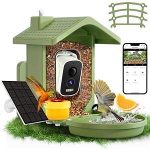 Smart Bird Feeder with Camera Solar Powered, AI Birds Species Identification, 2.5K HD Video Bird House with Camera for Outside, Weatherproof Design Ideal Gifts for Valentine's Day, Bird Lovers, Green