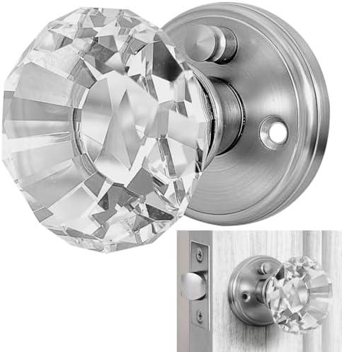 Balin Designs Silver Crystal Door Knob with Lock, Glass Door Knobs Interior Privacy Set, Vintage Decorative Antique Style Handle for Bedroom, Bathroom, Closet, 1 Pack