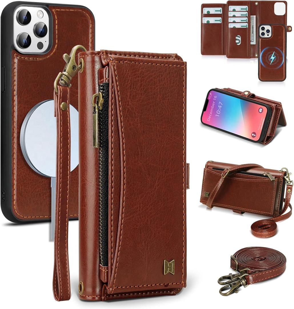 Wallet Case for iPhone 13 Pro Max with Card Holder/Crossbody Wallet/Strap| RFID Blocking | Magnetic | Kickstand | Detachable | PU Leather Phone Case for iPhone 13 Pro Max,6.7 in,Brown