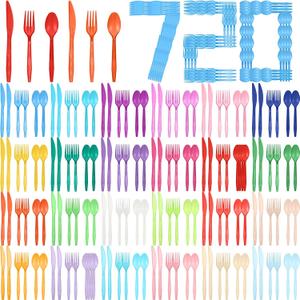 Honeydak 720 Pieces Neon Party Plastic Colorful Silverware Set Rainbow Plastic Utensils Disposable Flatware Cutlery Set Includes 240 Forks, 240 Knives, 240 Spoons for Birthday Wedding Party Dinner