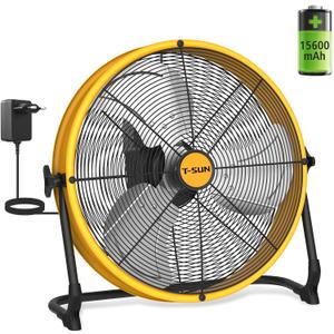 T-SUN 16 inch floor fan, quiet, rechargeable fan with 15600 mAh battery, portable floor fan with USB and type-C, continuous speed control, 30 hours run time for garages, camping, travel