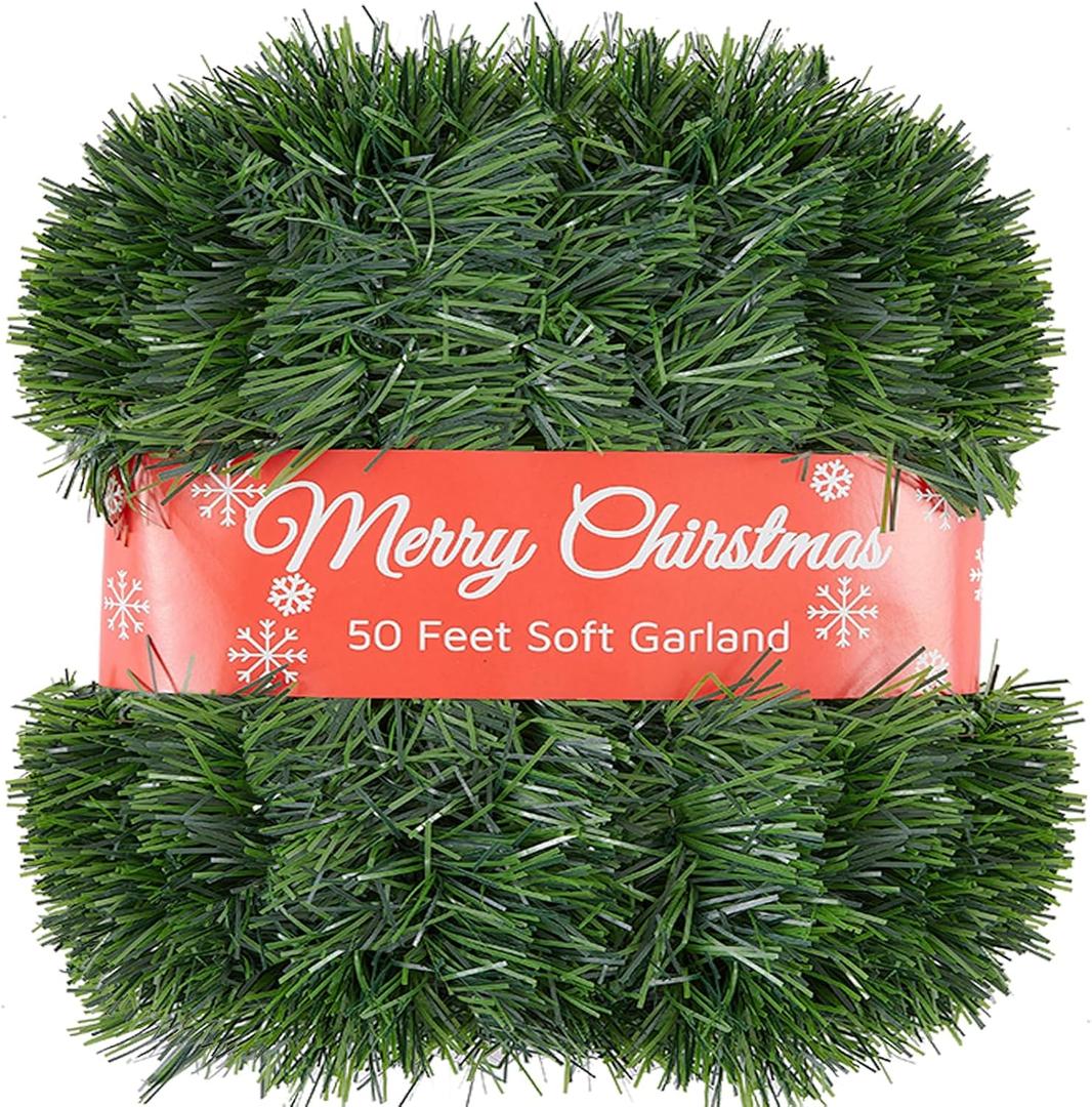 1 Pcs 50 Foot Christmas Garland for Indoor and Outdoor Decor -Thick & Fluffy Artificial Greenery Soft Garland for Fireplace, Staircase, Holiday & Wedding Decoration