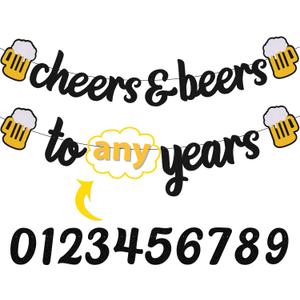 Cheers 21 30 35 40 50 60 70 80 90 Years Banner Happy Birthday Decorations for Men Women Him Her Any Years Old Birthday Anniversary Party Supplies Sparkle Black Decor