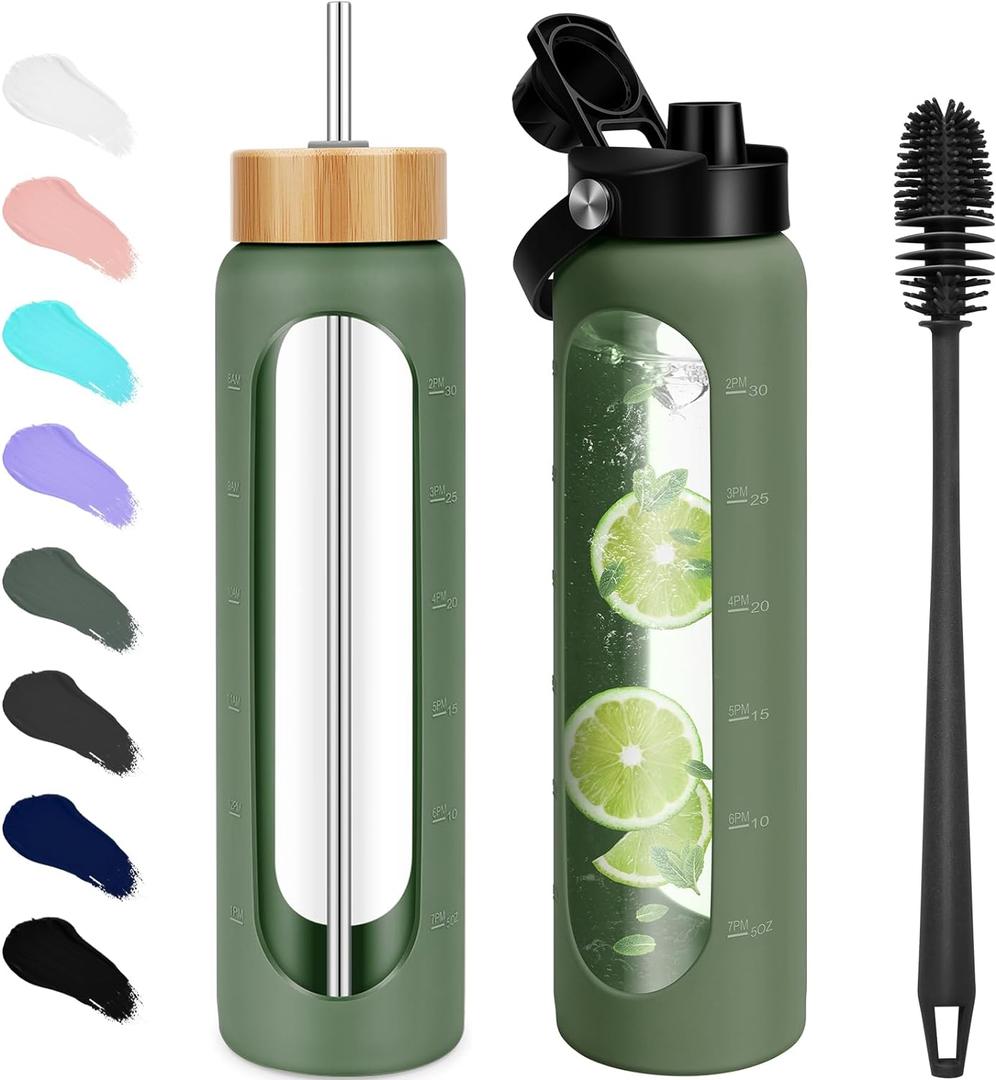 FULBEVY 32 oz Glass Water Bottles - 1 Liter Motivational Tumbler With Time Marker - Borosilicate Glass With Silicone Sleeve and 2 Lids, Handle Spout & Bamboo Straw Lid (Olive)