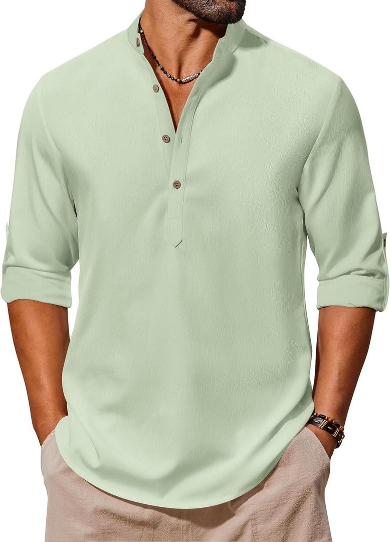 COOFANDY Men's Casual Henley Shirts Long Sleeve Band Collar Lightweight Beach Shirts Summer T-Shirts (XXL)