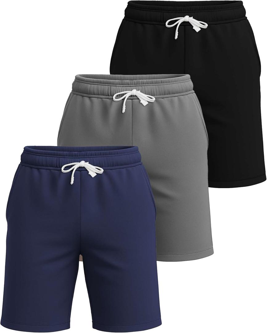 Real Essentials 3 Pack: Men's Cotton 7" French Terry Lounge Sweat Shorts Sleep Casual Shorts Pockets (Big & Tall), S