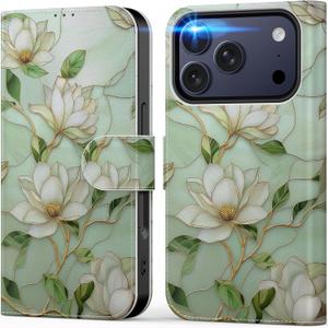 DEENAKIN for iPhone 17 Pro Wallet Case with Card Holder + Cash Clip, RFID-Blocking, Military-Grade Drop Protection & UV-Printed Artwork, Magnetic Closure with Leather Stand - Magnolia Flowers