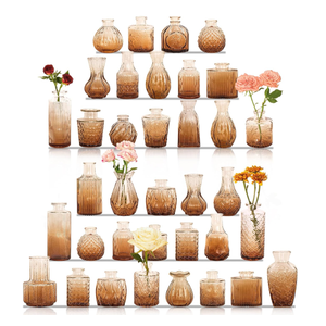 36Pcs Bud Vases Set Small Vintage Glass Bottles Bud Vases in Bulk Multiple Shape Cute Glass Vases for Rustic Wedding Centerpieces Table Decorations and Home Decor (Dark Amber)