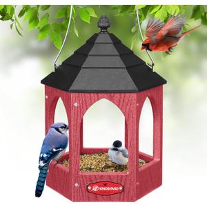 Kingsyard Platform Bird Feeder for Outdoor Hanging - Gazebo Style Recycled Plastic Wild Bird Feeding Station with Rain-Proof Roof & Metal Mesh Tray. Red