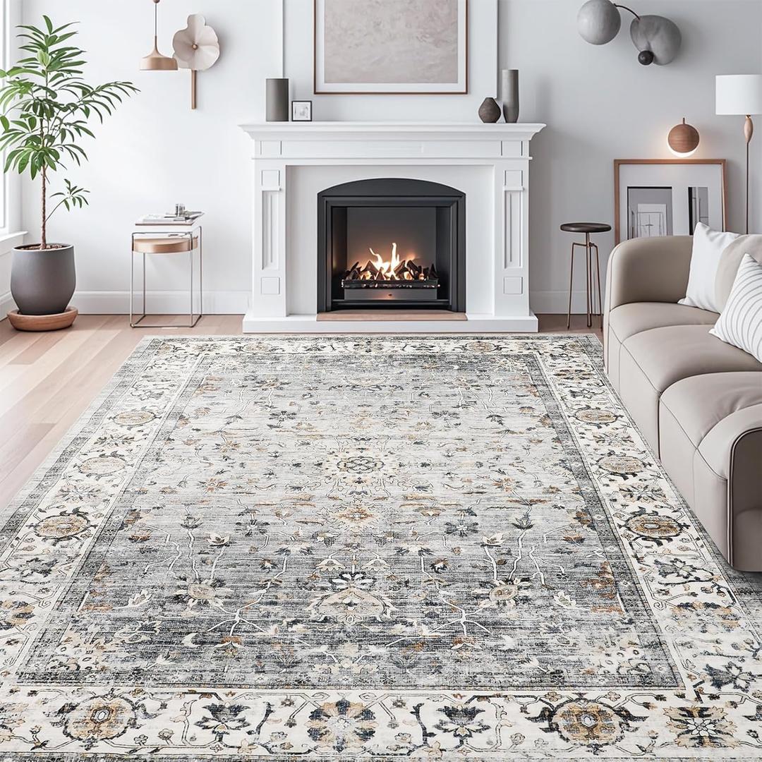 6x9 Area Rugs for Living Room, Machine Washable Non Slip Vintage Rug, Non-Slip Stain Resistant, Large Soft Home Decor Rug for Bedroom Dining Room (Ivory/Gray,6'x9')