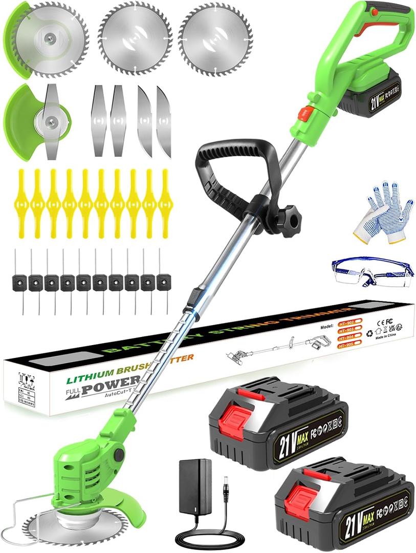 Cordless Weed Wacker, 21V Battery Powered Weed Eater, 2 Batteries & Charger | Electric Grass Trimmer, 5 Types Metal/Plastic Blades, Lightweight 3-in-1 Weed Trimmer, Brush Cutter, Edger for Lawn Garden