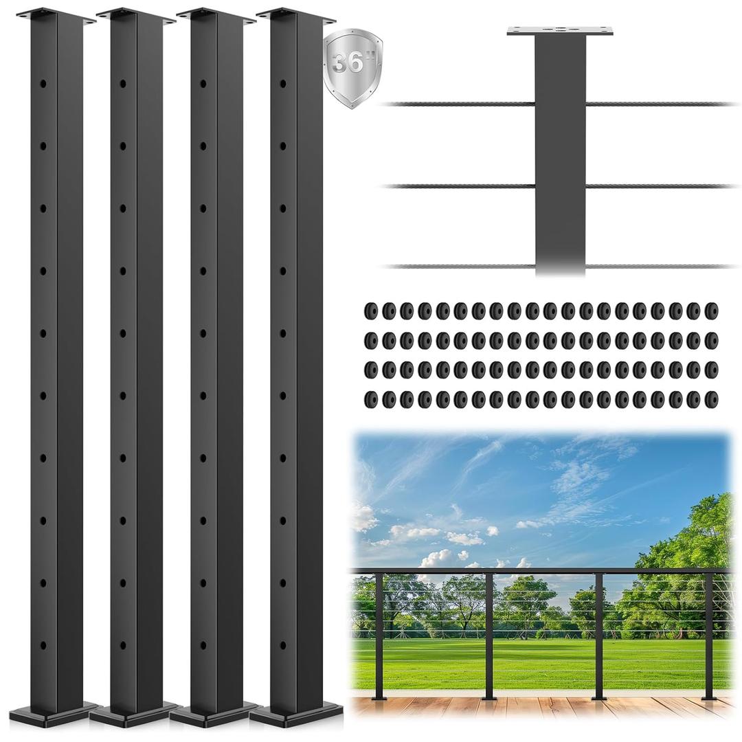 4 Pack Black Cable Railing Post 36 Inch, Level Drilled Surface Mount T304 Stainless Steel Cable Railing System Kit Indoor Outdoor, Heavy-Duty Wire Railing Handrail Post for Wood/Concrete Deck