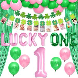 JeVenis St Patricks Day First Birthday Decorations Girls Lucky One Birthday Party Decoration Lucky Irish First Birthday Supplies Lucky Balloon Letters Clover Balloons (Pink)