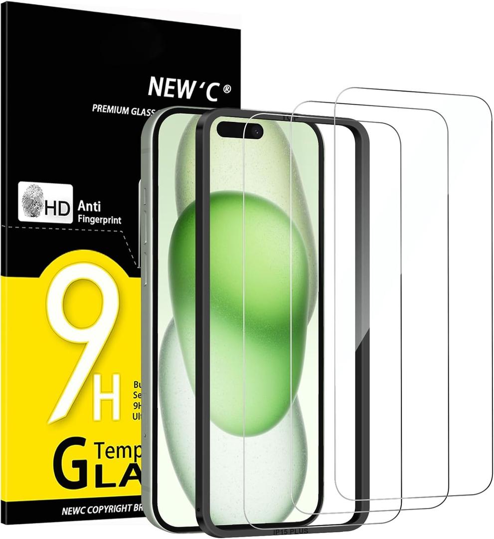 NEW'C 3 Pack Designed for iPhone 16 Plus,15 Plus Screen Protector (6.7 inches),Tempered Glass with easy installation tool included,Case Friendly Ultra Resistant (Transparent)