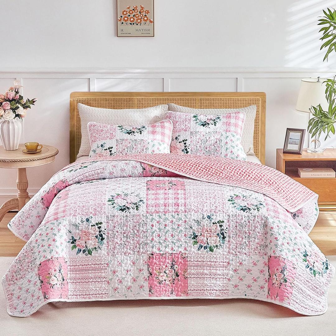 Joyreap 3 Pieces Floral Patchwork Quilt Set Queen, Pink n White Flowers Design, Soft n Cozy Microfiber Quilt, Bedspread Bed Cover for All Season, 1 Quilt and 2 Pillow Shams- 90x90 inches