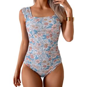 B2prity Womens One Piece Swimsuit Retro Square Neck Tummy Control Bathing Suits Ruched Modest Full Coverage Swimwear (White, XL)