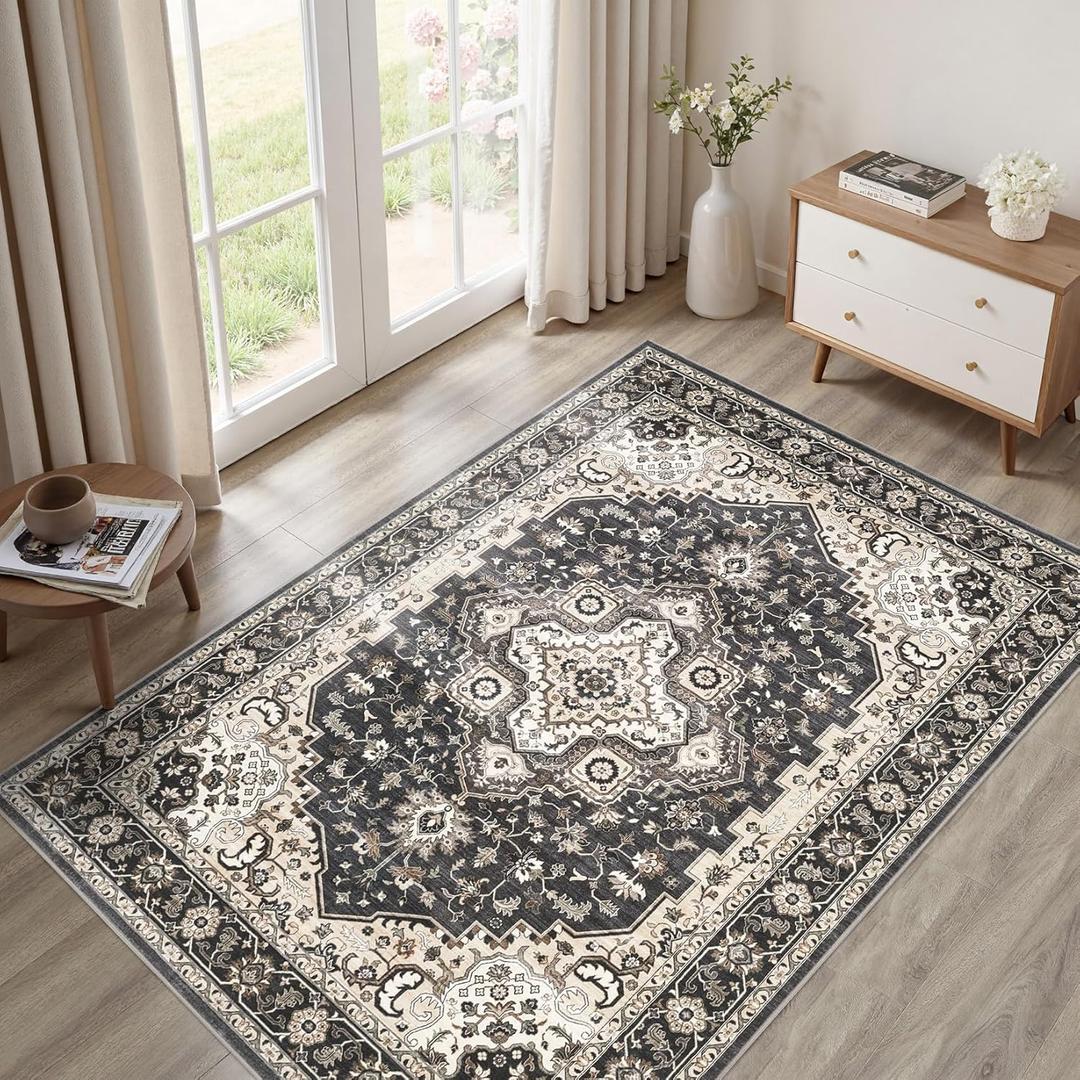 Washable Area Rugs 5X7: Vintage Non-Slip Stain Resistant for Living Room Rug Soft Large Carpet for Bedroom Dining Room Home Office(Black and Cream)