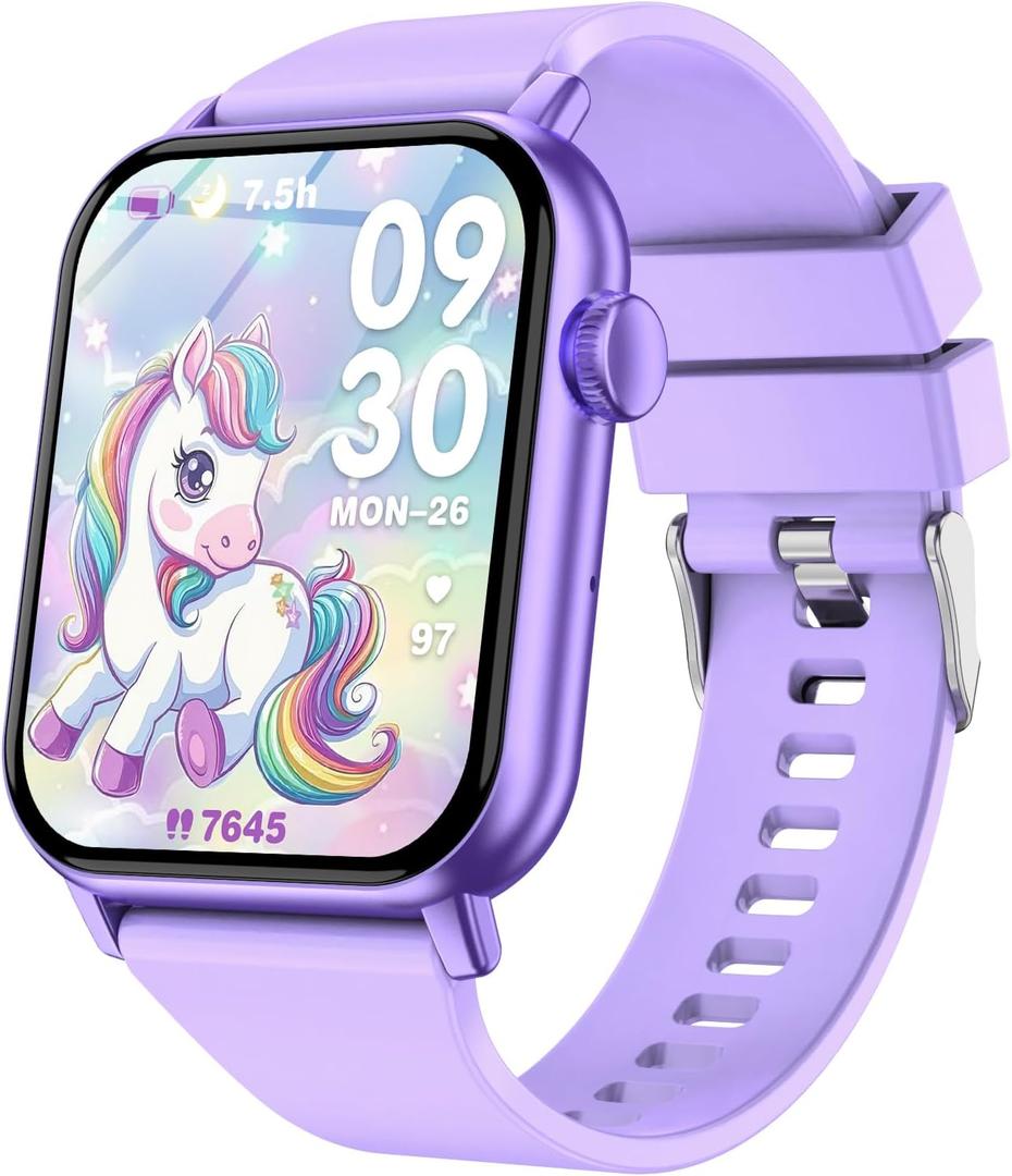 Smart Watch for Kids, 12 Puzzle Games HD Touch Screen Watches, Step Counter, Heart Rate/Sleep Monitor, Flashlight, Music Player,12/24 hr Educational Toys Birthday Gifts for Girls Ages 6-12 (Purple)