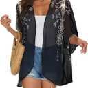 Womens Kimono Cardigans Beach Cover ups Swimwear Puff Sleeve Loose Casual Summer Tops (Black Printed Floral, 2XL)