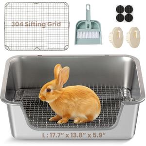 Rabbit Litter Box, Extra Large Bunny Litter Box with 304 Stainless Steel Sifting Tray & Hooks, Rabbit Litter Box, Easy to Clean and Odor Control (17.7" 13.8" 5.9")