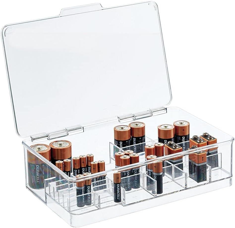 mDesign Plastic Large Stackable Divided Battery Storage Organizer Box with Hinged Lid for AA, AAA, C, D, 9 Volt Sizes, Great Storage for Kitchens, Home Offices, and Utility Rooms - Clear