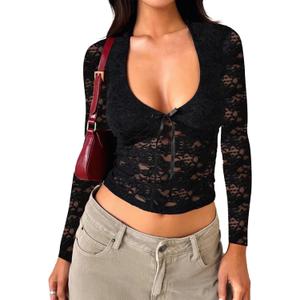 Falechay Women's Lace Long Sleeve Shirt Low Cut Y2K Slim Fit Top Bow Sexy Going Out Club Concert Clothes (Large, Black)