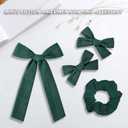 2 x 4 Pcs Dark Green Bows Set Accessories for Hair, Dark Green Scrunchie and Alligator Hair Clips Long Ponytail Bow Knot Linen Satin Hair Accessories for Women and Girls (3 Styles)