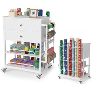 Wrapping Paper Storage & Organizer, Craft Cart with Ribbon & Gift Bag Storage, Wrapping Paper Organizer Holder(2 Wooden Drawers-White)